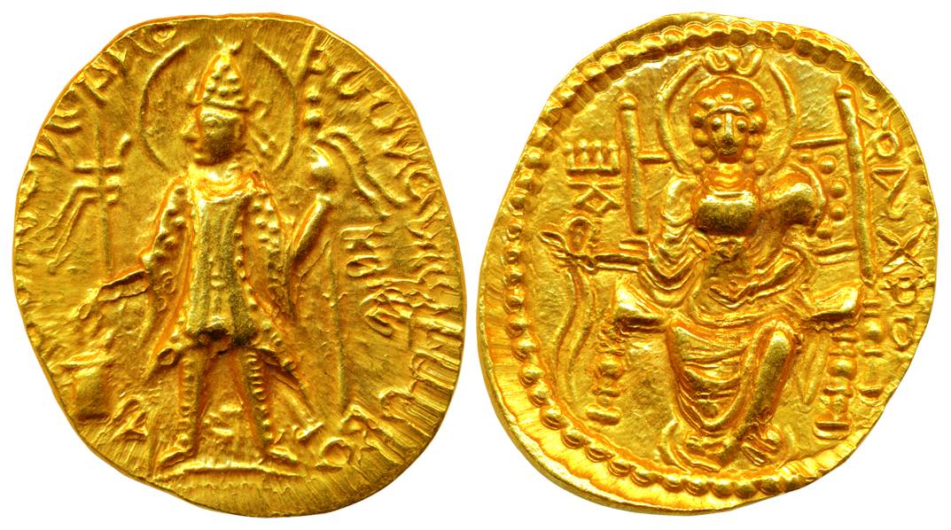 Kushanas, Kanishak II, Gold, 7.94 g, Dinar, usual style of the king standing to left and g