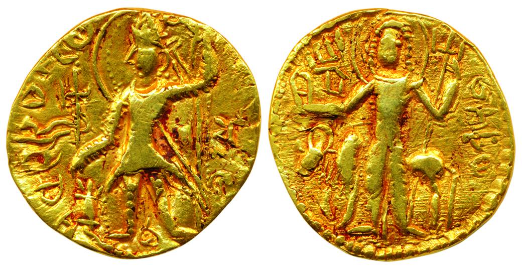 Kushanas, Kanishak III, Gold, 7.89 g, Dinar, usual style of the king standing to left and 