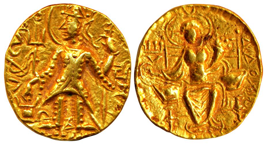 Later Kushanas, Gold, 7.89 g, Dinar, usual style of the king standing to left and offering