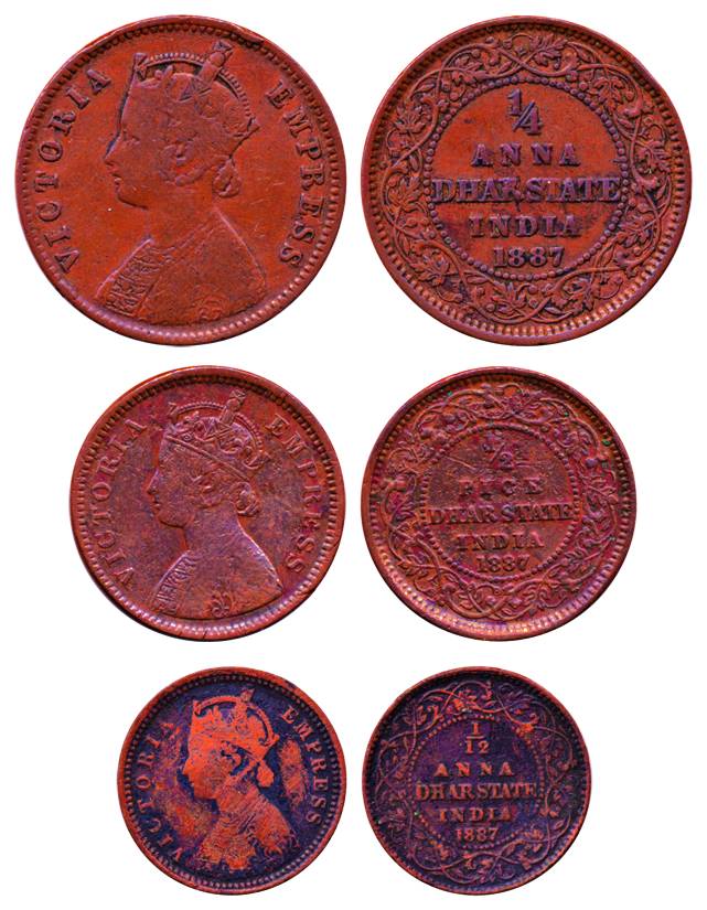 Anand Rao, Copper (3), ¼ Anna, ½ Pice and 1/12 Anna, with the name and portrait of Victori
