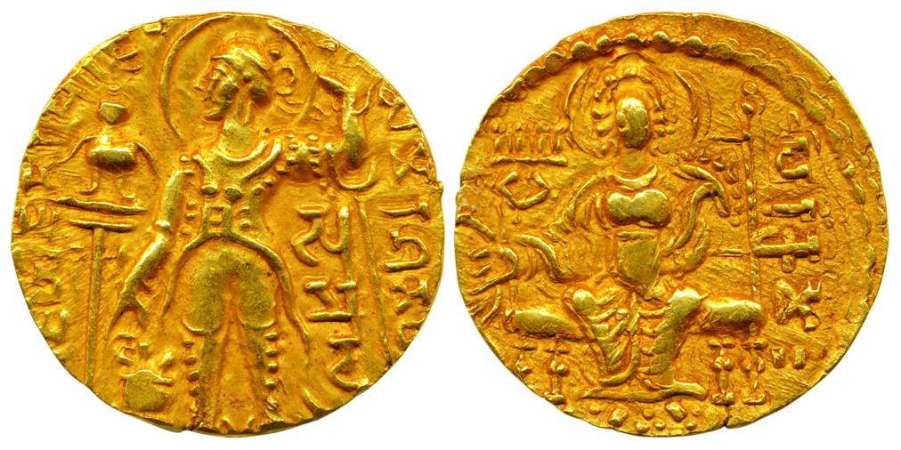 Guptas, Samudragupta, Gold, 7.48 g, Dinar, Standard type, the figure of the Emperor standi