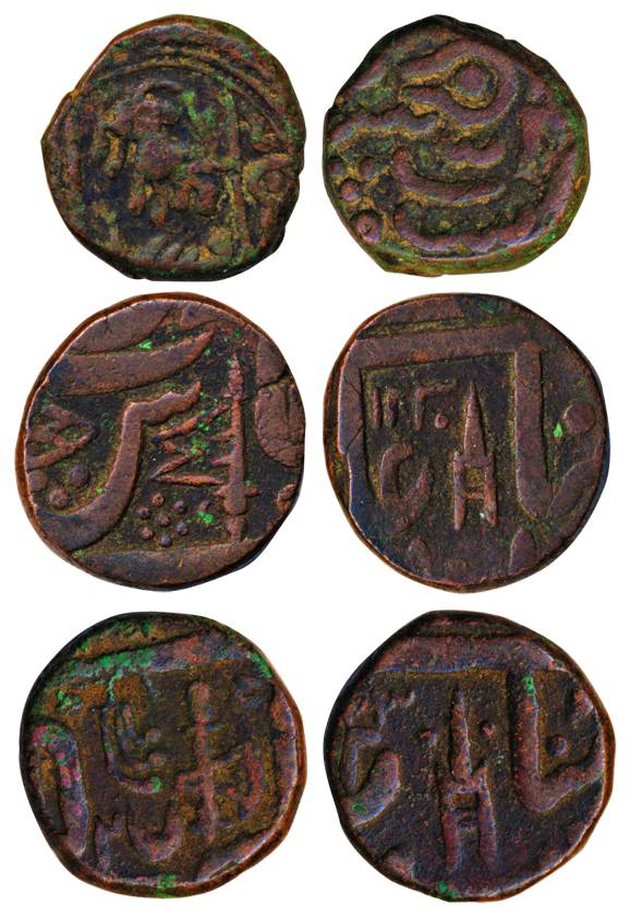 Copper (3), Paisa, AH 1230, flag and Bilva leaf type, tiger and Shiva Linga type, and dagg