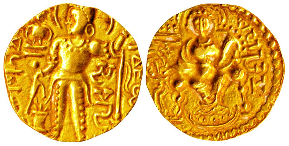 Guptas, Samudragupta, Gold, 7.53 g, Dinar, Standard type, the figure of the Emperor standi