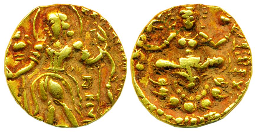 Guptas, Chandragupta II, Gold, 7.94 g, Dinar, Archer type, king standing to left holding a