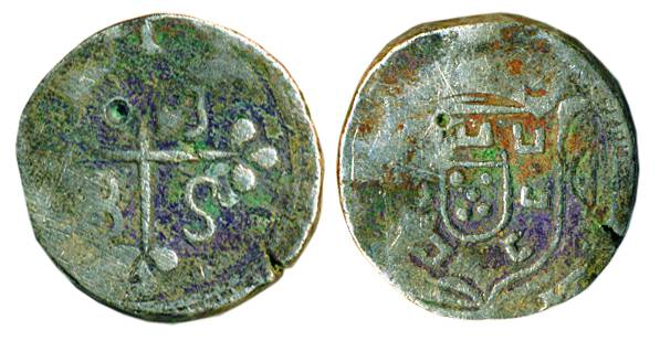 Diu, Silver, Rupia (600 Reis), 1885, ornate cross with date on obv, arms with retrograde D