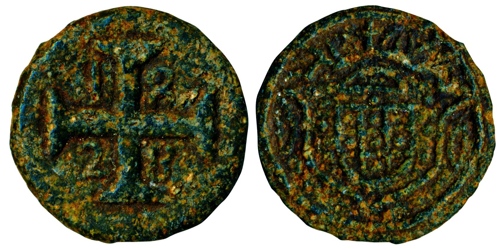 Diu, Lead, 20 Bazarucos, 1828, date in arms of the Cross on obv, arms and D / D initials o