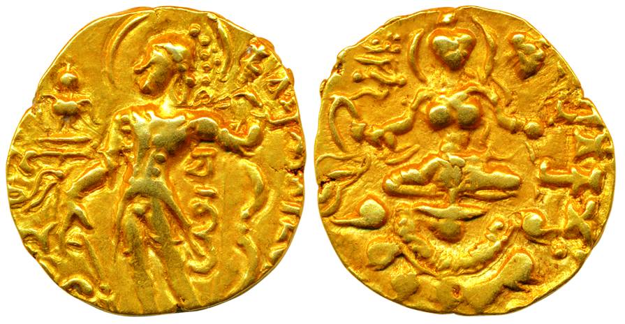 Guptas, Chandragupta II, Gold, 7.85 g, Dinar, Archer type, king wearing trousers and stand