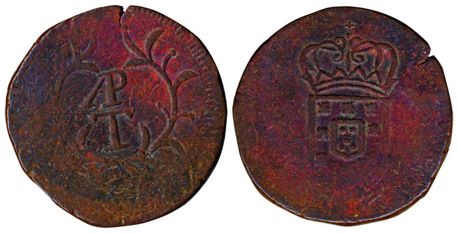 Goa, Miguel, Copper, APT ½ Tanga, AP / T within a wreath on obv, crowned arms on rev, ND (