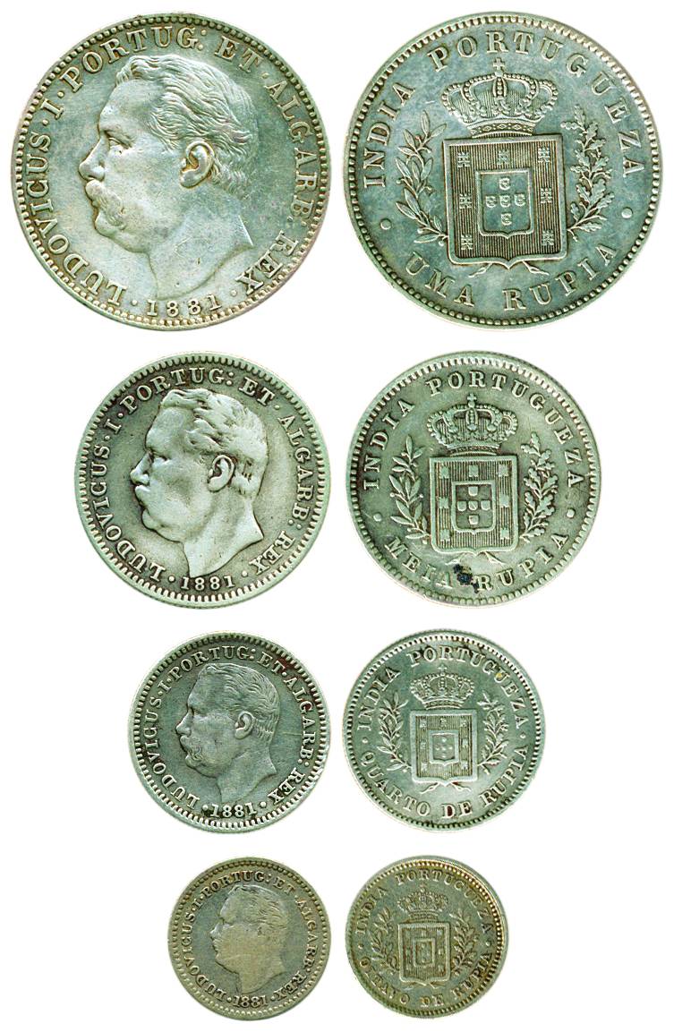 Luiz I, Silver (4), Set of 4 denominations: Rupia, ½ Rupia, ¼ Rupia and 1/8 Rupia, 1881. V