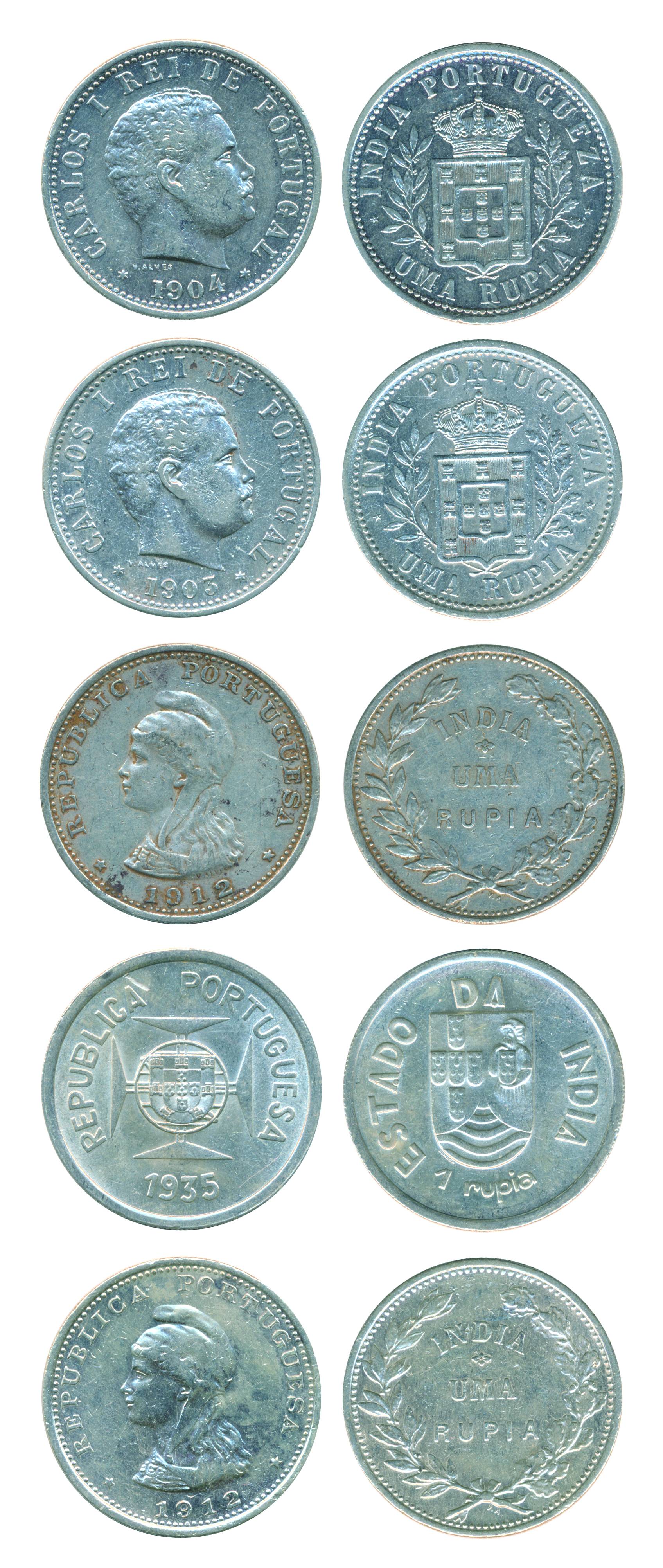 Silver (5), Rupia, 1903, 1904, 1912, 1912 with 2 over 1 of 1911, and 1935. Very Fine to UN