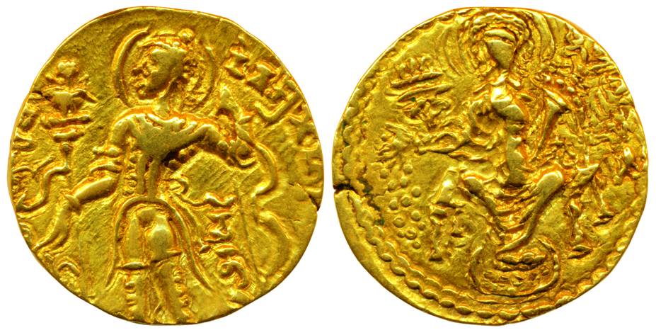 Guptas, Chandragupta II, Gold, 7.95 g, Dinar, Archer type, king wearing trousers and stand