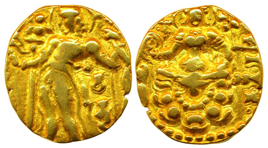 Guptas, Chandragupta II, Gold, 8.04 g, Dinar, Archer type, king wearing trousers and stand
