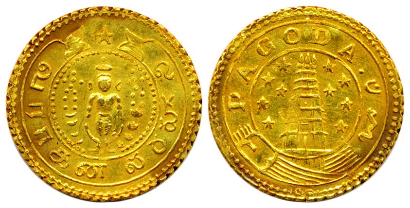 Gold, 2.82 g, 1 Pagoda, 1808-1815, Value in English and Persian on buckled garter around G