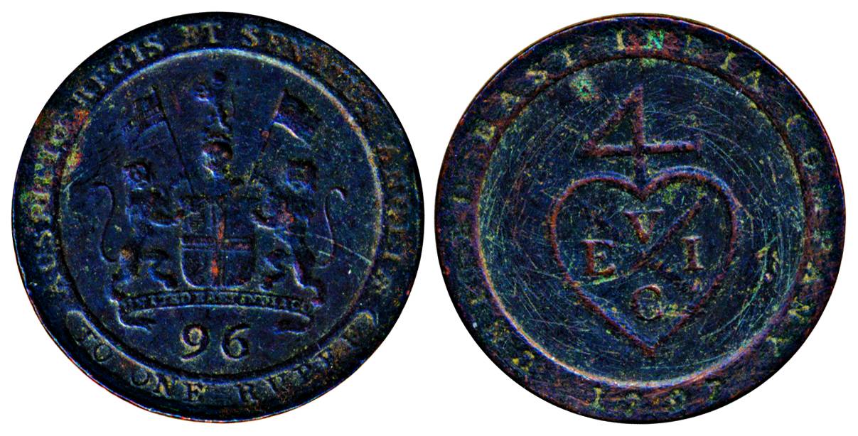 Copper, ½ Dub or 1/96 Rupee, 1797, coat of arms of the EIC on obv. bale mark with date on 