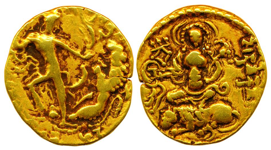 Guptas, Chandragupta II, Gold, 7.59 g, Dinar, Lion-Slayer & Lion-Trampling type, the king 