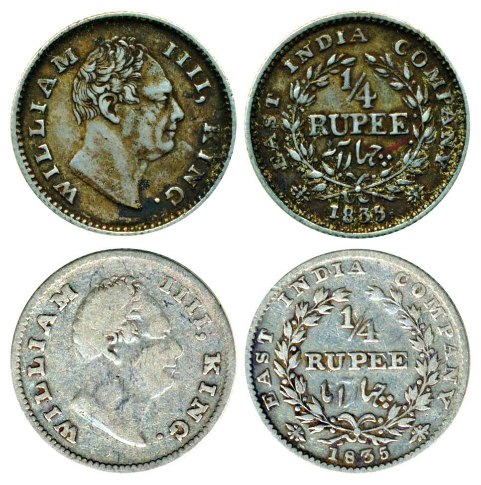 William IV, Silver ¼ Rupee (2), Calcutta Mint, 1835, R.S. incused, 20 berries, wrong Urdu,