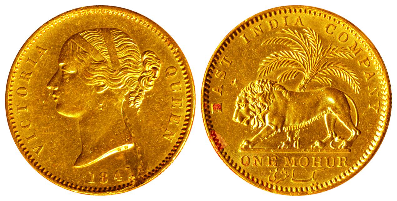 Victoria Queen, Gold, 11.64 g, Khajur Mohur, 1841, Divided legend, Calcutta mint, W.W. inc