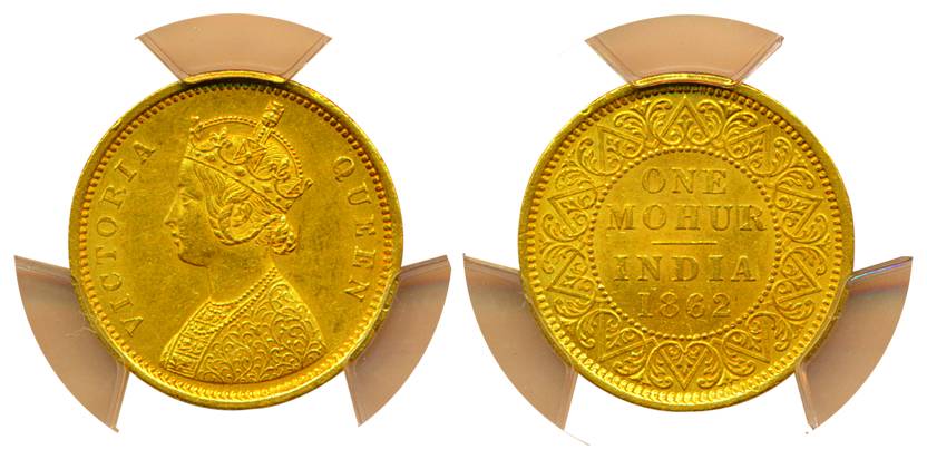 Victoria Queen, Gold, Paisa Mohur, 1862, Calcutta Mint. Graded and slabbed by the PCGS as 