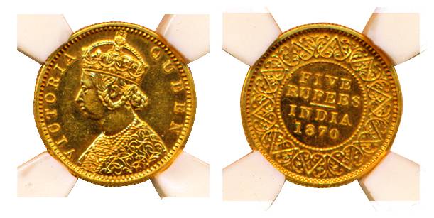 Victoria Queen, Gold, 3.91 g, 5 Rupees Proof Restrike, Calcutta Mint, 1870 (pridmore# 37).