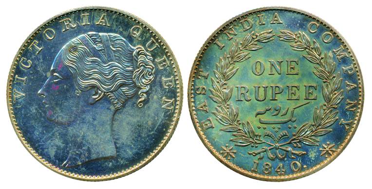 Victoria Queen, Silver, Rupee Proof, 1840, Continous legend, Bombay mint, English Head com