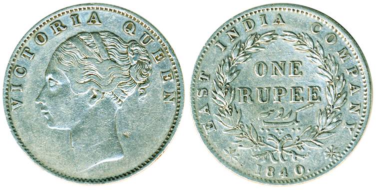 Victoria Queen (Continuous Legend), Silver Rupee, Calcutta mint, 1840, Indian Head, 35 ber