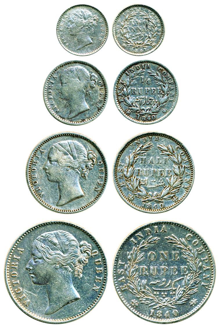 Victoria Queen (Divided Legend), Silver Rupee, ½ Rupee, ¼ Rupee and 2 Annas, 1840 and 1841