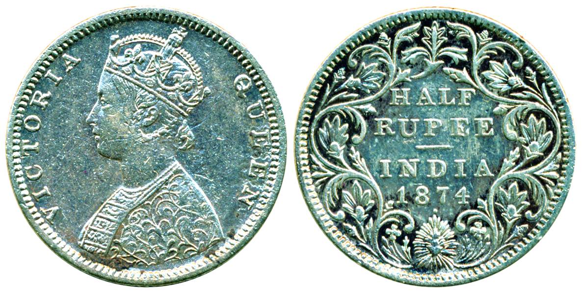 Victoria Queen, Silver 1/2Rupee, Bombay Mint, 1874, B2/II/dot, Scarce, Fine, (Pridmore# 28
