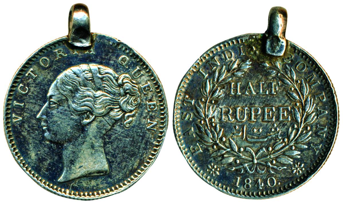 Victoria Queen (Continuous Legend), Silver ½ Rupee, 1840, Very Fine, Mounted.