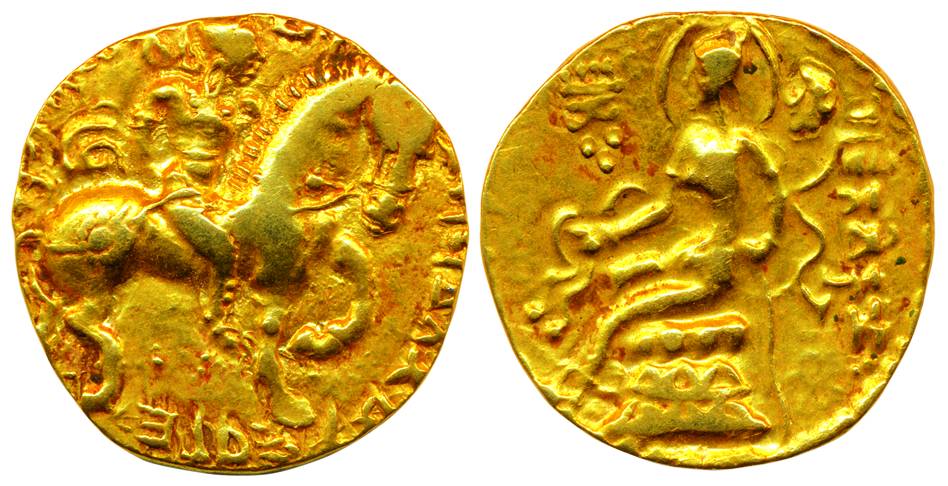 Guptas, Chandragupt II, Gold, 7.90 g, Dinar, Horseman to right type, the king is riding th