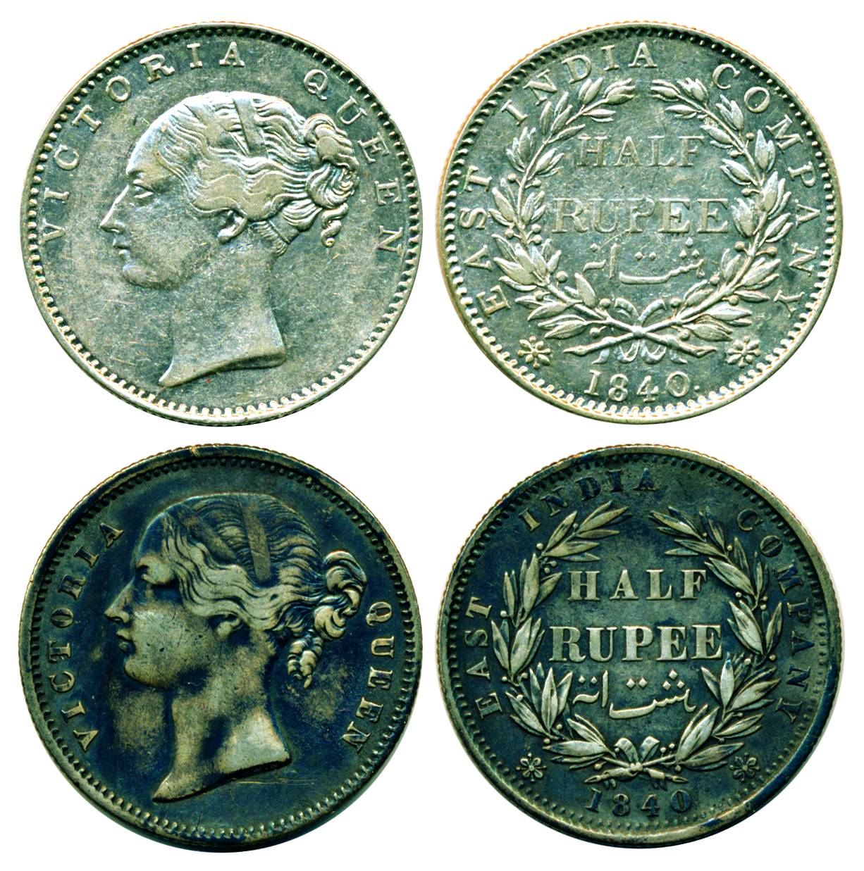 Victoria Queen, Continuous and Divided Legend, Silver ½ Rupee (2), 1840, no initial, 19 be