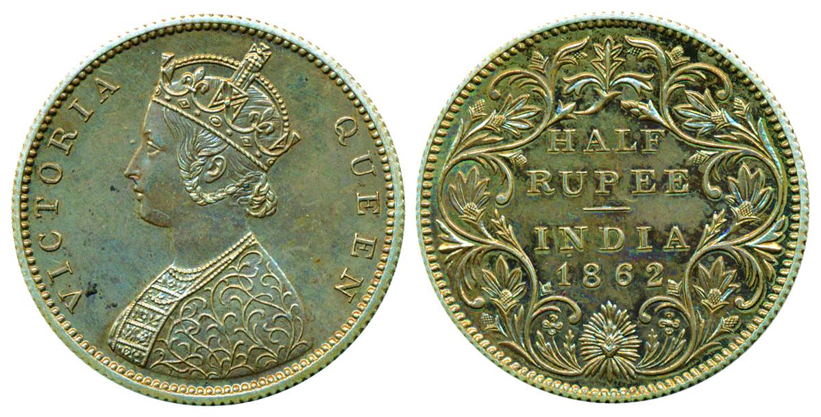 Victoria Queen, Silver, ½ Rupee Proof, 1862, B2/II, Classical mint state with nice toning.