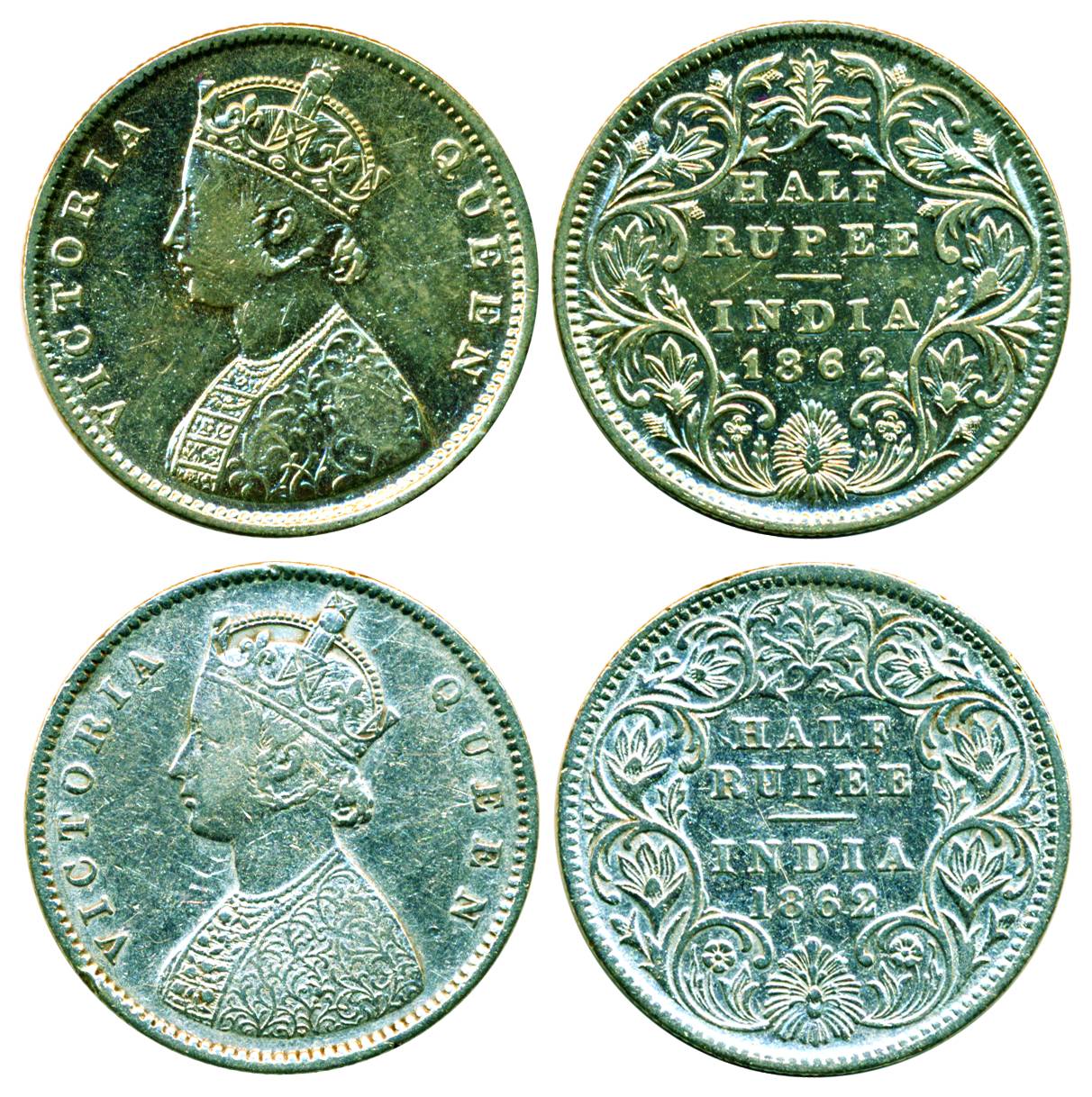 Victoria Queen, Silver ½ Rupee (2), Calcutta Mint, 1862, A/I, C/II, Rare, About Very Fine 