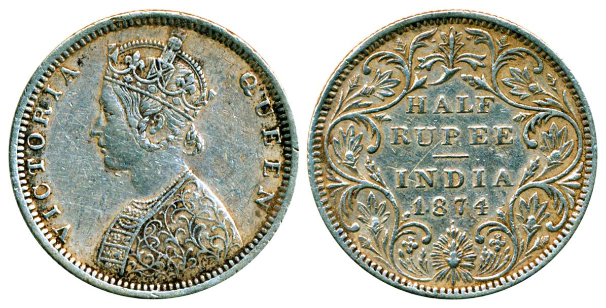 Victoria Queen, Silver ½ Rupee, Bombay Mint, 1874, B1/II/ dot, Rare, Very Fine, Pridmore #