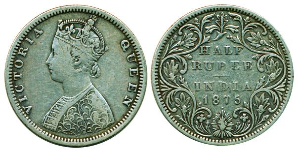 Victoria Queen, Silver ½ Rupee, Bombay Mint, 1875, B2/II/ dot, Rare, about Very Fine, Prid