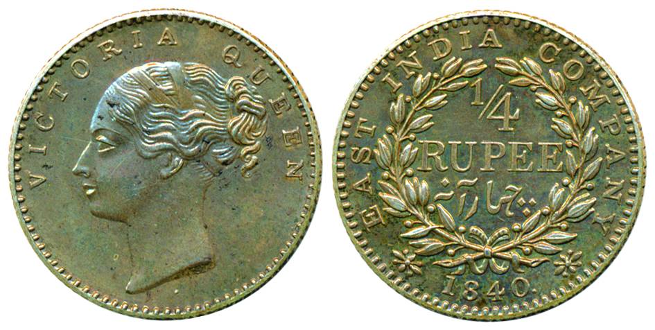 Victoria Queen, Silver, ¼ Rupee Proof, 1840, Continous legend, Bombay mint, English Head, 
