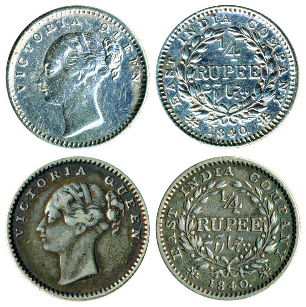 Victoria Queen, Continuous Legend, Silver ¼ Rupee (2), Madras Mint, 1840, 'S' incused, 20 