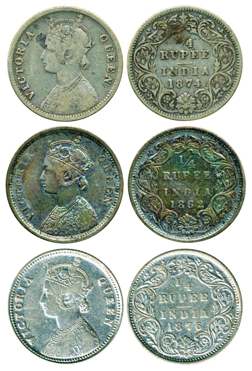 Victoria Queen, Silver, ¼ Rupee (3), Bombay Mint, 1862, A/I and Calcutta Mint, 1874, 1876,