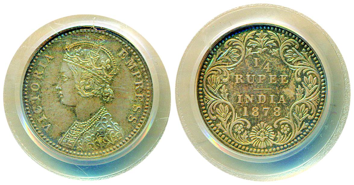 Victoria Queen, Silver, ¼ Rupee Proof, 1878, C/II/ No mint mark. Graded and slabbed by PCG
