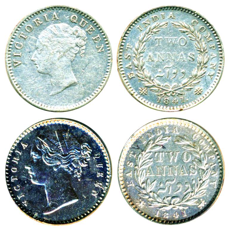 Victoria Queen CL/DL, Silver 2 Annas (2), 1841, Rare, Very Fine to Extremely Fine, 2 Coins