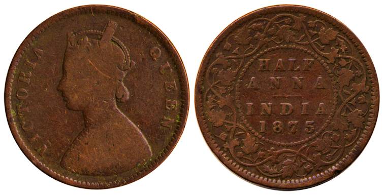 Victoria Queen, Copper, ½ Anna, 1875, Calcutta mint (Pridmore# 583). Fine, Scarce.