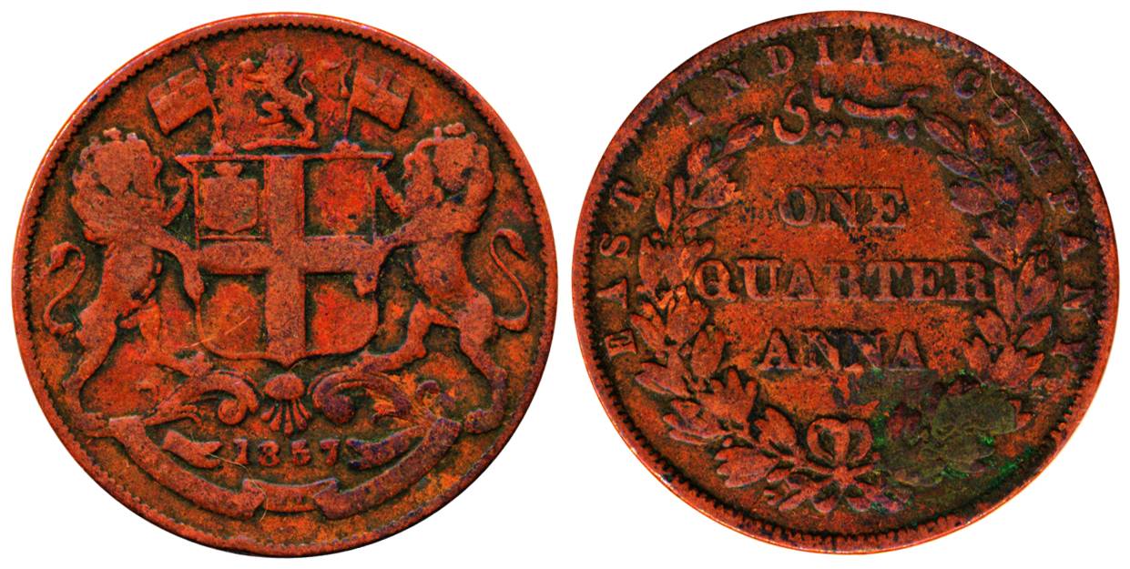 Copper, ¼ Anna, 1857, plain edge, inverted axis, London mint. About Very Fine, Scarce.