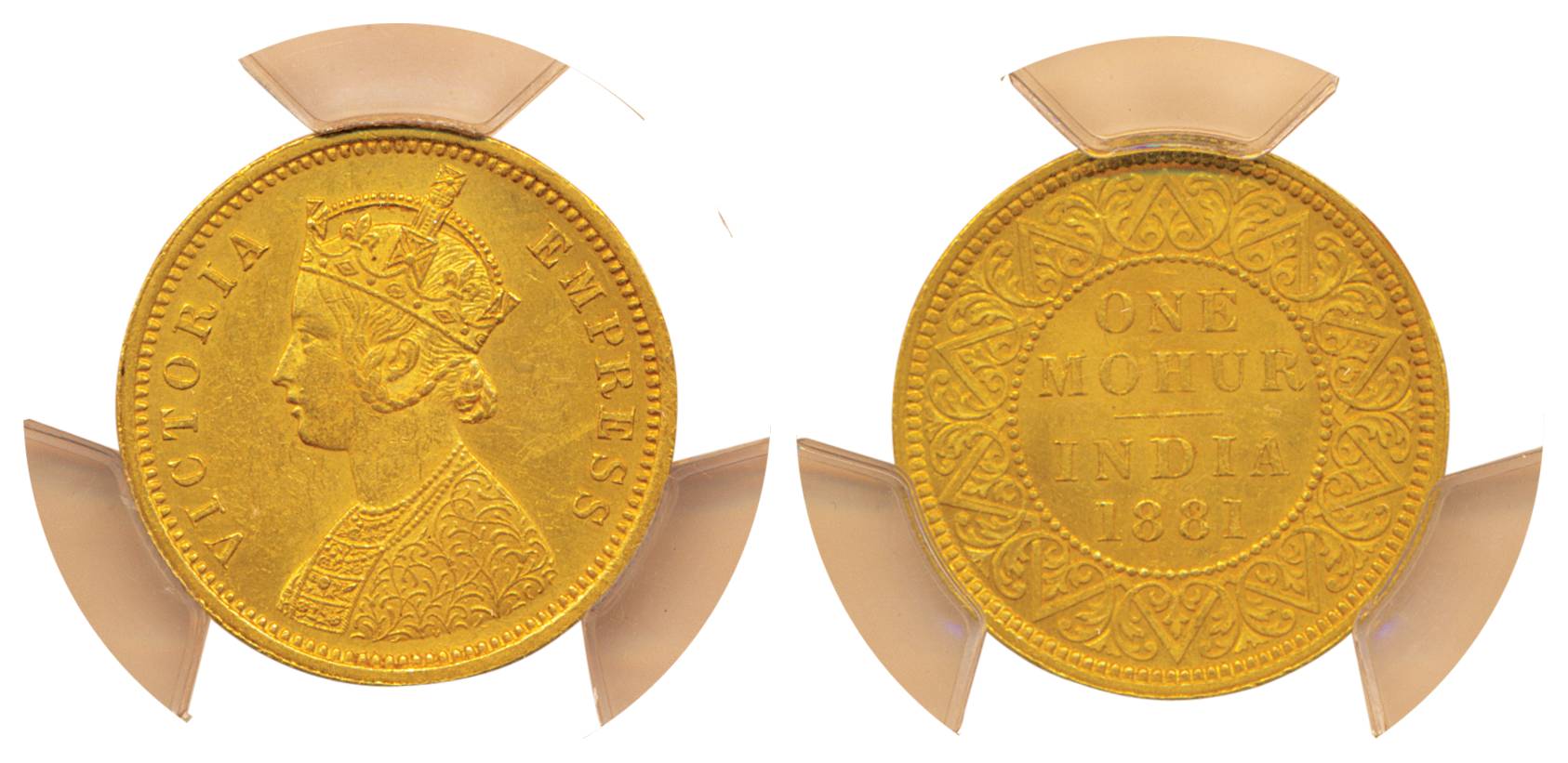 Victoria Empress, Gold, Paisa Mohur, 1881. Graded and slabbed by the PCGS as MS 61. Only 2