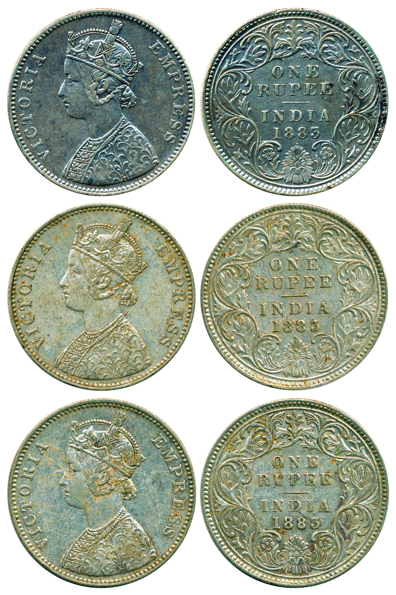Victoria Empress, Silver Rupee (3), Bombay Mint, 1883, A3/I/ dot, A3/I/ 'B' raised and dot