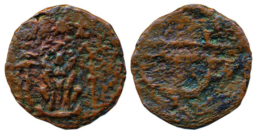Cheras, Copper, 1.65 g, round, a front facing lion in the centre on obv, a bow and an arro