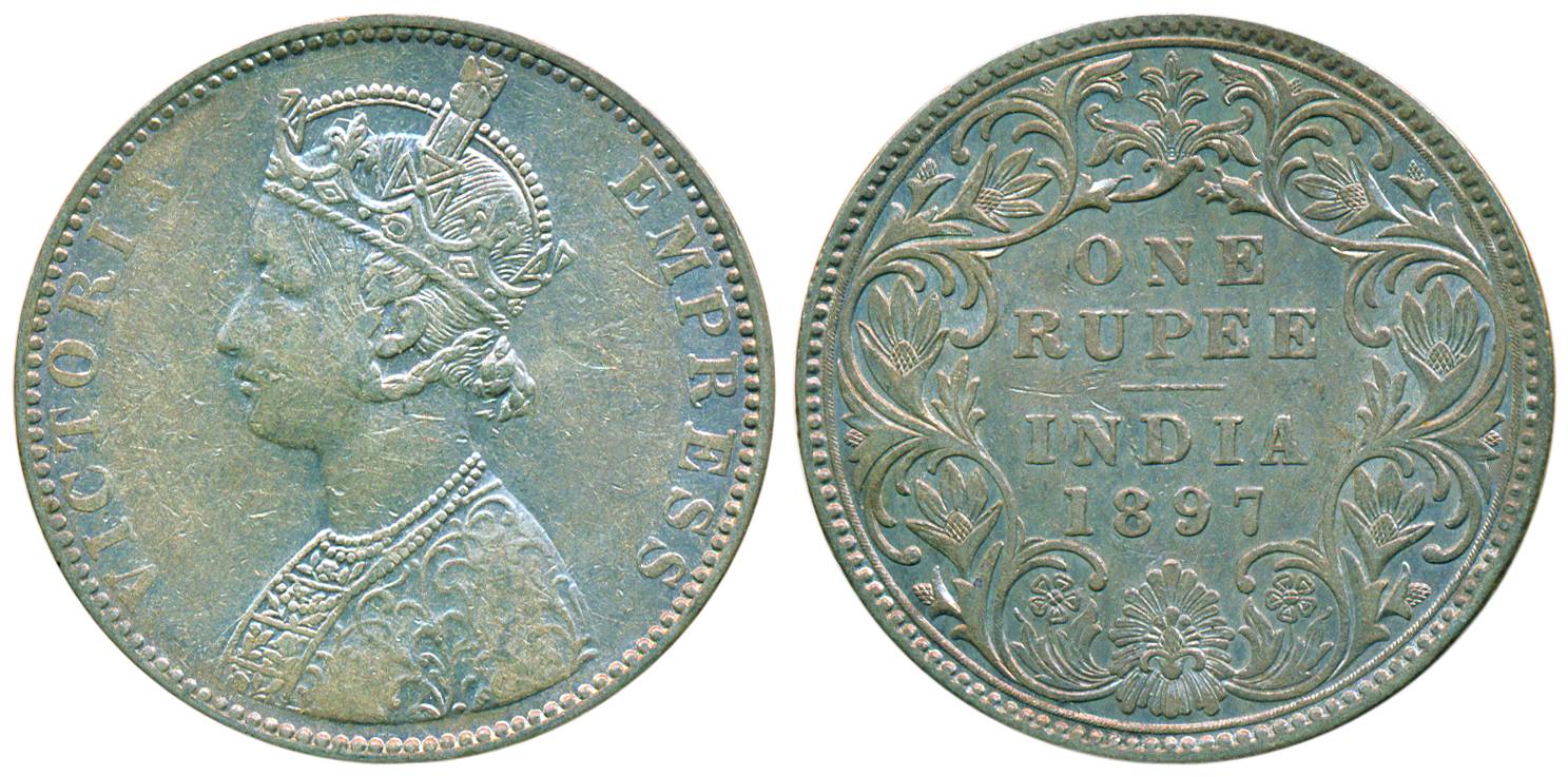 Victoria Empress, Silver, Rupee, 1897, B incused, Bombay mint. Very Fine+, Very Rare.
