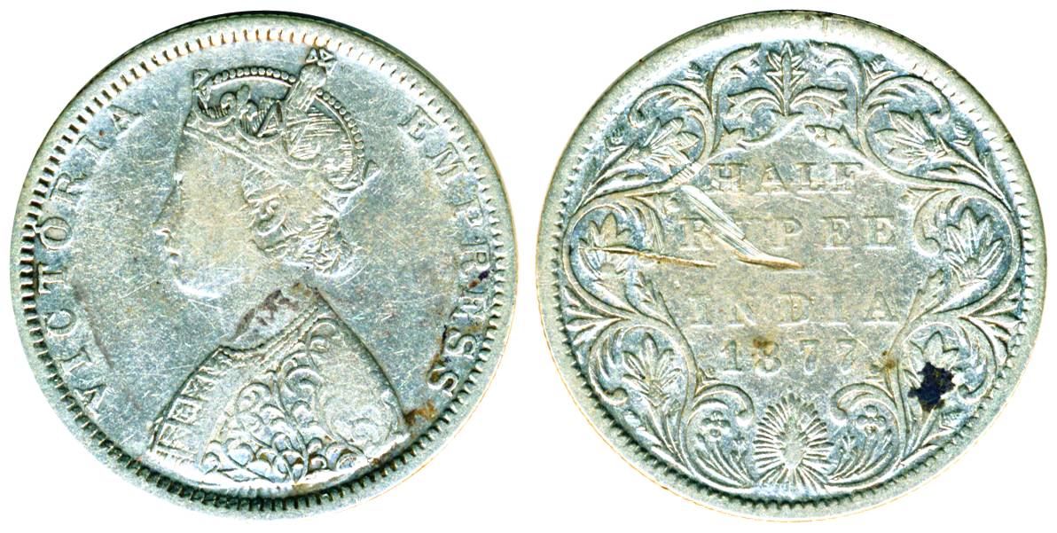 Victoria Empress, Silver, ½ Rupee, Bombay Mint, 1877, B2/II/dot, Scarce, Fine, Pridmore#28