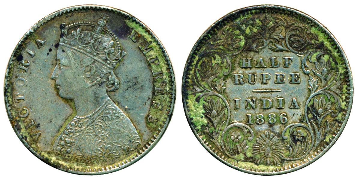 Victoria Empress, Silver, ½ Rupee, Calcutta Mint, 1886, A/I/ No mm, Rare, About Very Fine,