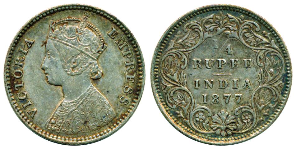 Victoria Empress, Silver ¼ Rupee, Calcutta Mint, 1877, B/I/ no mm, Rare, Very Fine, Pridmo