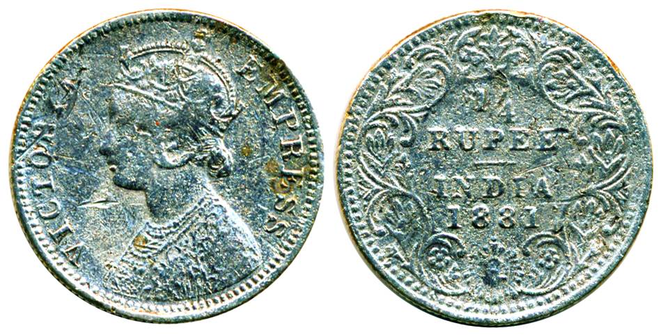 Victoria Empress, Silver, ¼ Rupee, Bombay mint, 1881, A/II/dot, About Fine, Pridmore#410
