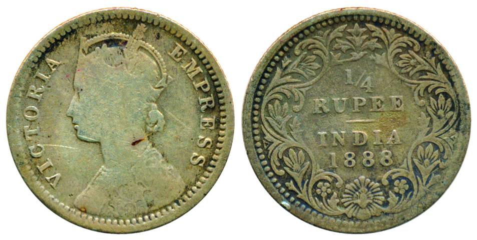 Victoria Empress, Silver, ¼ Rupee, Calcutta Mint, 1888, C/II/No mm, Fine, Pridmore# 393
